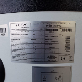 Preview: TESY EV 200 60 ACF W, 200l Pufferspeicher, hydraulische Weiche, stehend, kälteisoliert, emailliert